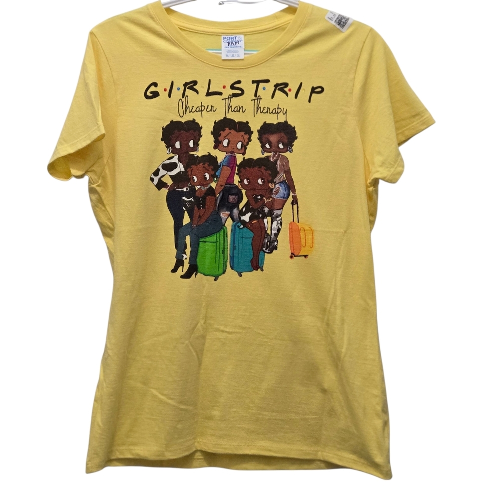 T925123 Port & Company Yellow Graphic Tee  “Girls Trip Cheaper Than Therapy”